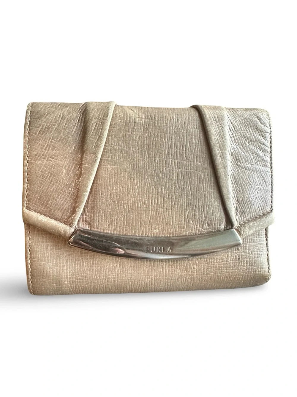 Authentic Furla Cream Beige Textured Leather Flap Wallet / Clutch - Silver Hardw
